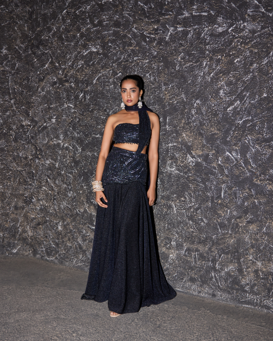 Black Shimmer Lycra Drape Set with Hand Embroidered Blouse & Skirt