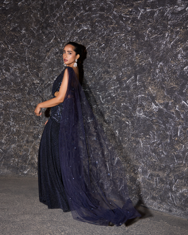 Black Shimmer Lycra Drape Set with Hand Embroidered Blouse & Skirt