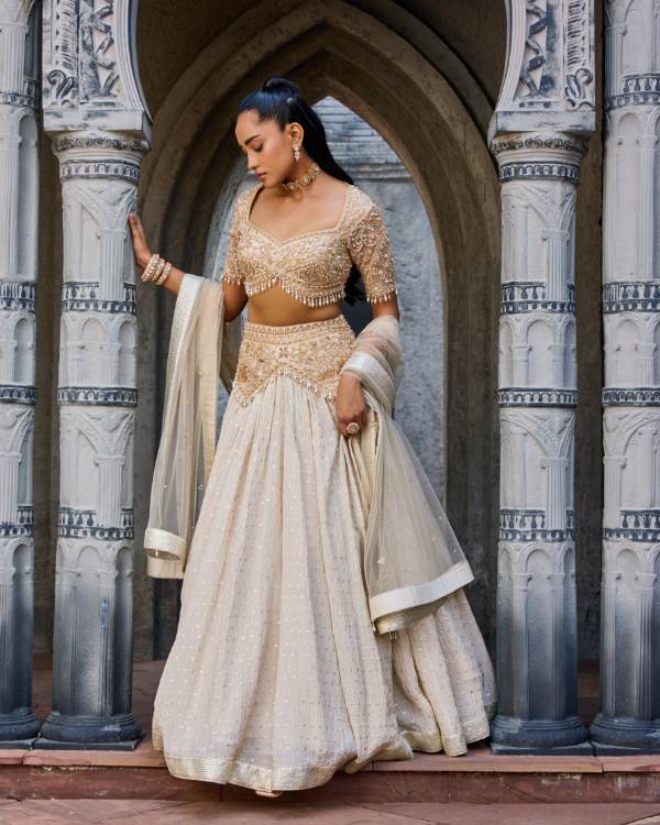 Gold Crush Tissue Lehenga Set with Hand Embroidered Blouse & Belt