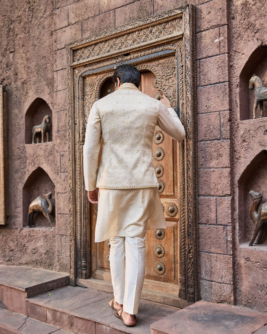 Ivory Monga Silk Jacket Set with Hand & Mirror Work