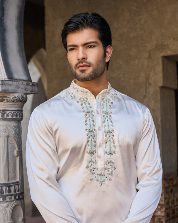 White Satin Kurta Set with Hand Embroidered Collar, Placket & Shoulders