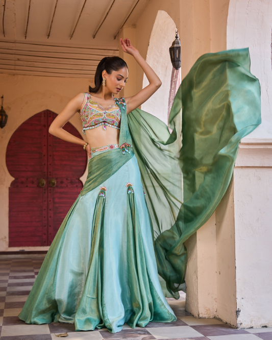 Mint Green Tissue Shimmer Lehenga Set with Hand Embroidered Blouse & Sari Drape Palla