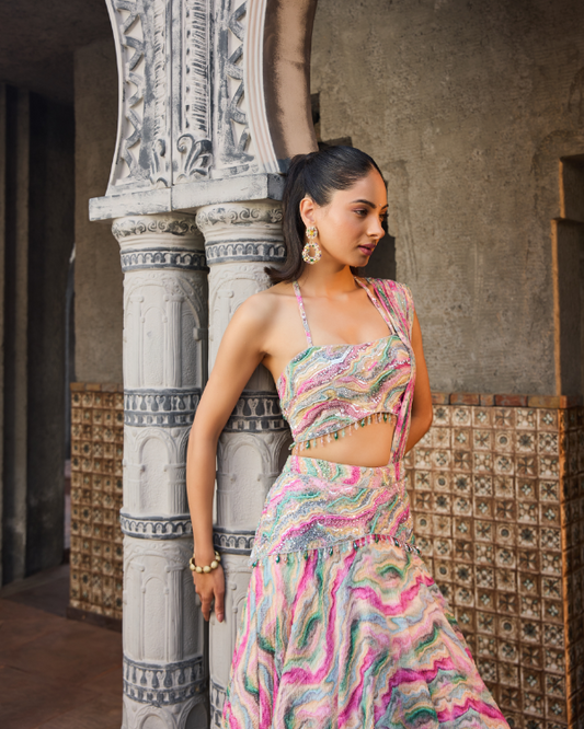 Multicolor Abstract Printed Lehenga Set with Hand-Embroidered Blouse and skirt belt.