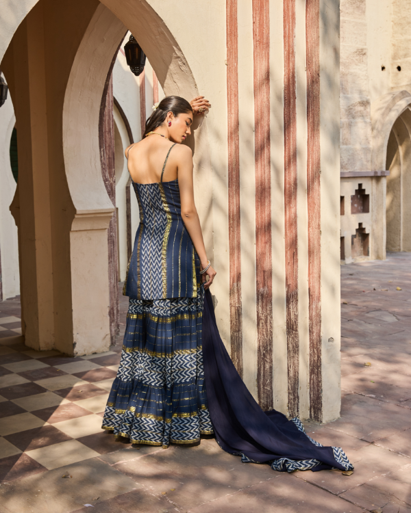 Navy Cotton Lurex Kurta Sharara Set with Georgette Dupatta