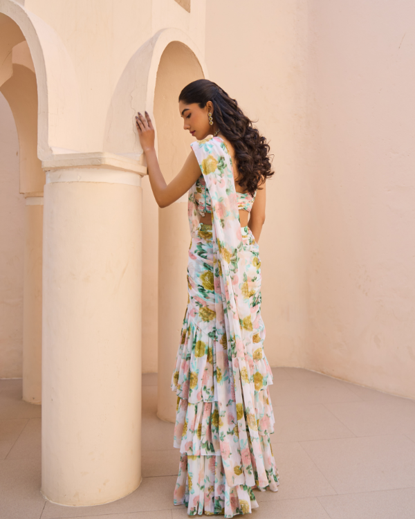 Pastel Floral Chiffon Drape Saree with Embellished Blouse