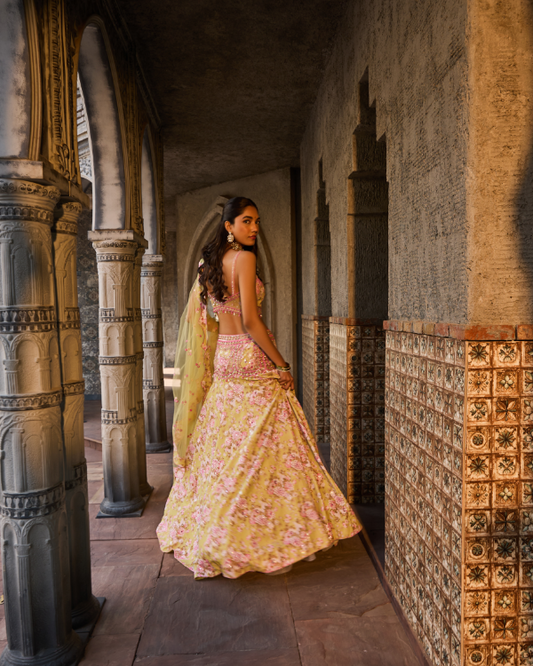 Pastel Green Floral Lehenga Set with Hand-Embroidered Blouse