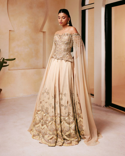 Champagne Corset Lehenga with Cape