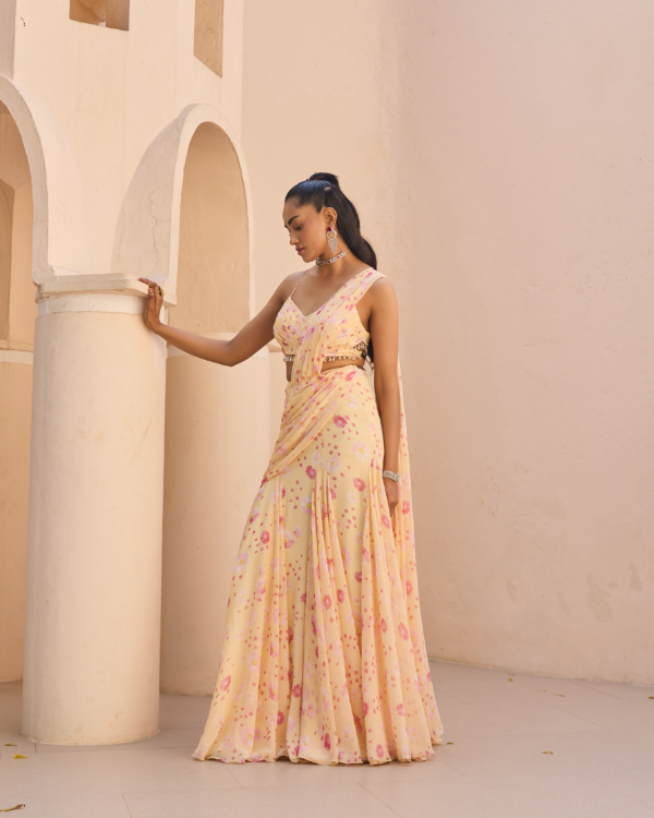 Soft Yellow Floral Draped Lehenga Set in Chiffon