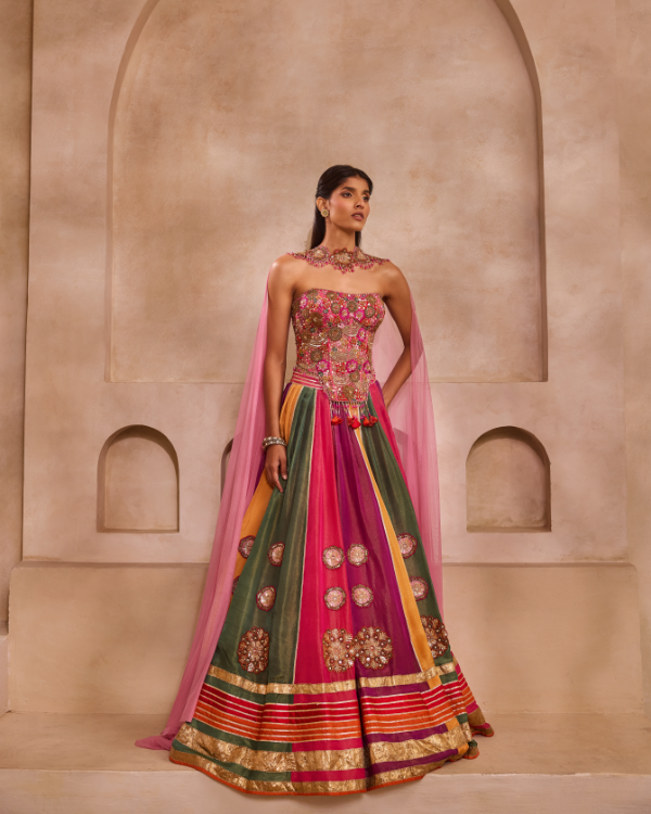 Corset with Multicoloured Kali Lehenga