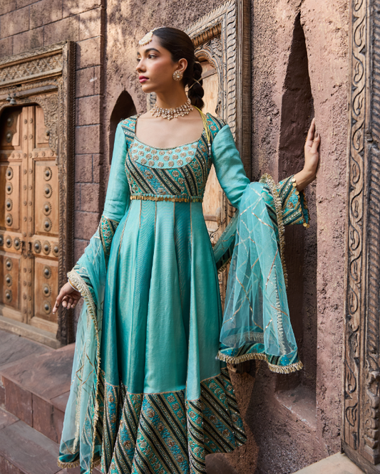 Aqua Blue Tissue Shimmer & Brocade Anarkali Set with Tulip Pants