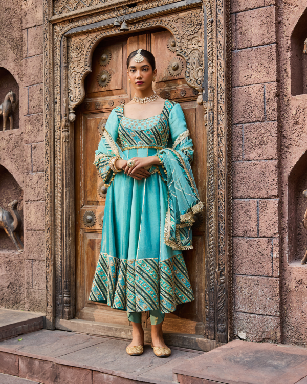 Aqua Blue Tissue Shimmer & Brocade Anarkali Set with Tulip Pants