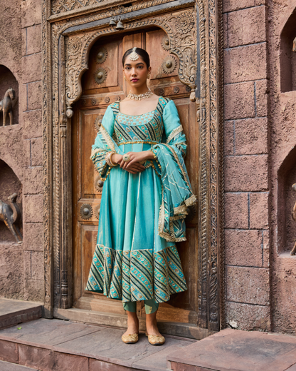 Aqua Blue Tissue Shimmer & Brocade Anarkali Set with Tulip Pants