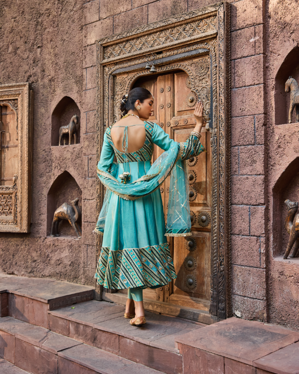 Aqua Blue Tissue Shimmer & Brocade Anarkali Set with Tulip Pants
