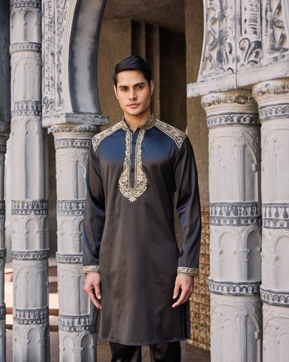 Black Satin Kurta Set with Hand Embroidered Collar, Placket & Shoulders