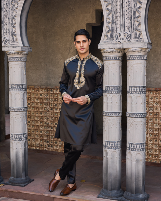 Black Satin Kurta Set with Hand Embroidered Collar, Placket & Shoulders