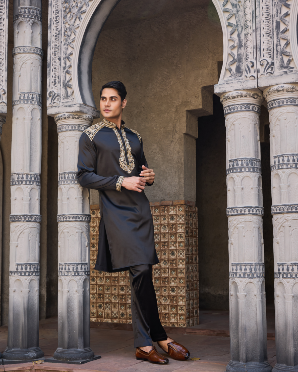 Black Satin Kurta Set with Hand Embroidered Collar, Placket & Shoulders