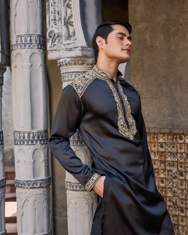 Black Satin Kurta Set with Hand Embroidered Collar, Placket & Shoulders