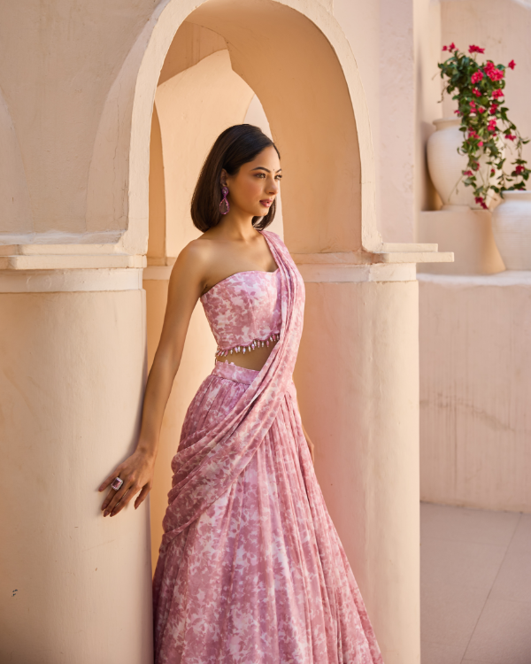 Blush Pink Draped Lehenga Set in Chiffon