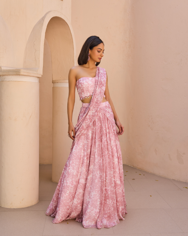 Blush Pink Draped Lehenga Set in Chiffon