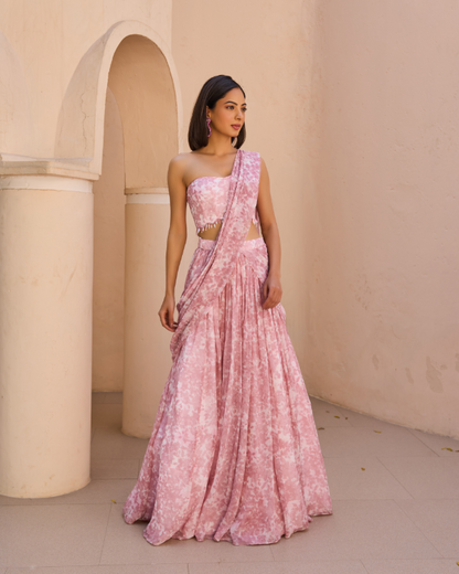 Blush Pink Draped Lehenga Set in Chiffon