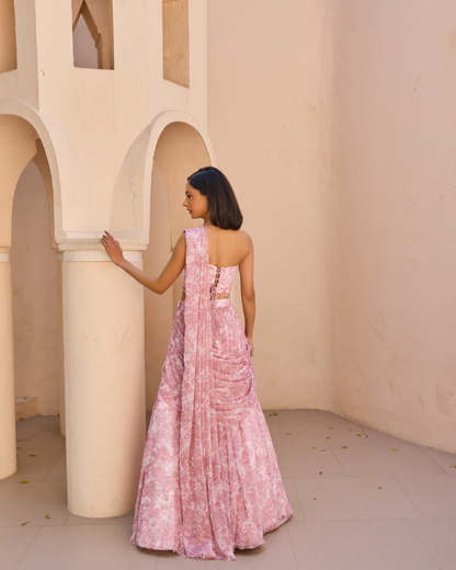 Blush Pink Draped Lehenga Set in Chiffon