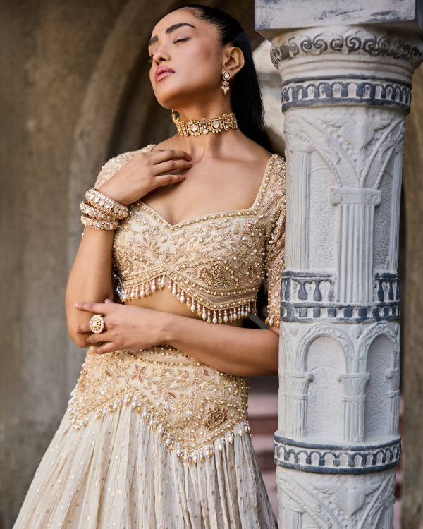 Gold Crush Tissue Lehenga Set with Hand Embroidered Blouse & Belt
