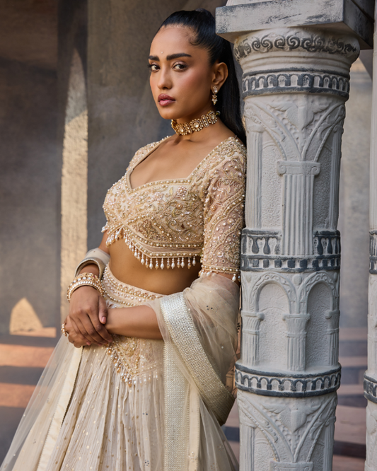 Gold Crush Tissue Lehenga Set with Hand Embroidered Blouse & Belt