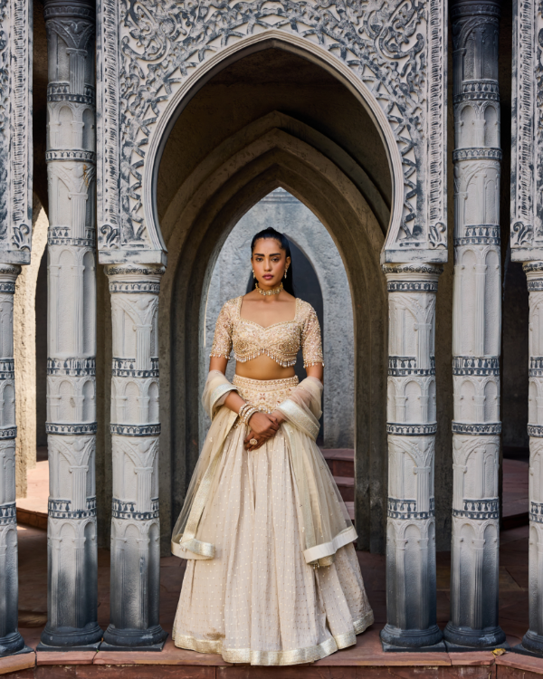 Gold Crush Tissue Lehenga Set with Hand Embroidered Blouse & Belt