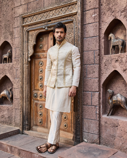 Ivory Monga Silk Jacket Set with Hand & Mirror Work