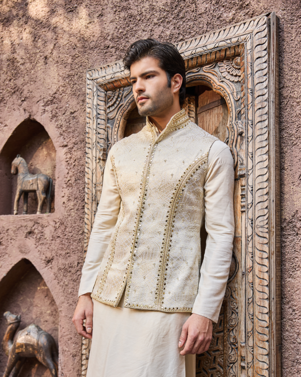 Ivory Monga Silk Jacket Set with Hand & Mirror Work