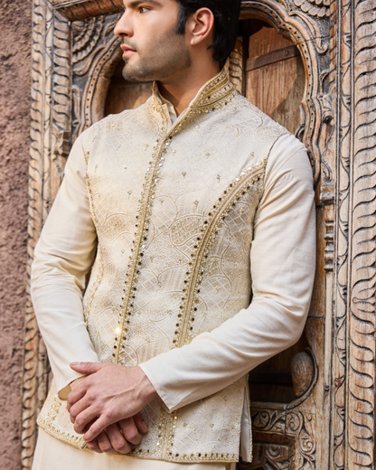 Ivory Monga Silk Jacket Set with Hand & Mirror Work