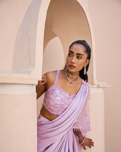Lavender Crape Satin Drape Saree Set with Hand Embroidered Blouse & Palla