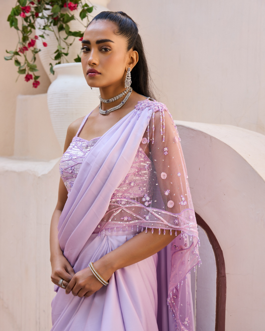 Lavender Crape Satin Drape Saree Set with Hand Embroidered Blouse & Palla