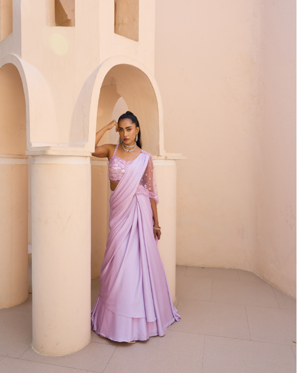 Lavender Crape Satin Drape Saree Set with Hand Embroidered Blouse & Palla