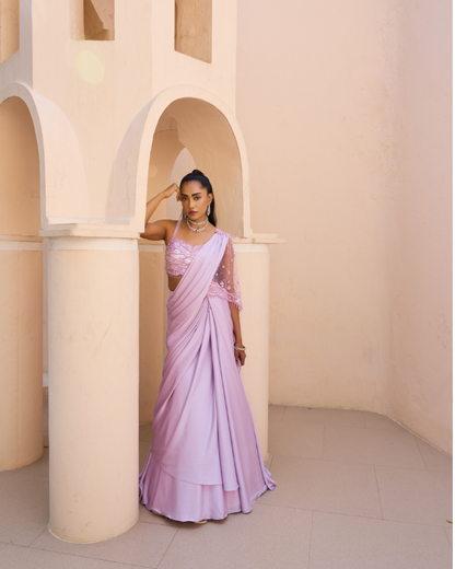 Lavender Crape Satin Drape Saree Set with Hand Embroidered Blouse & Palla