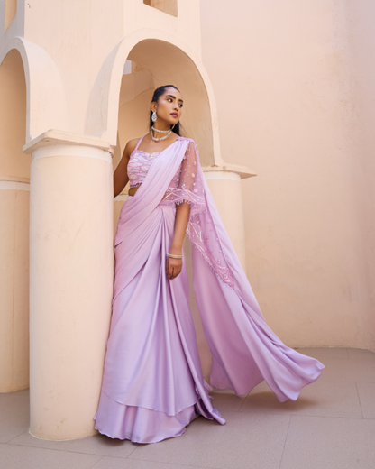 Lavender Crape Satin Drape Saree Set with Hand Embroidered Blouse & Palla