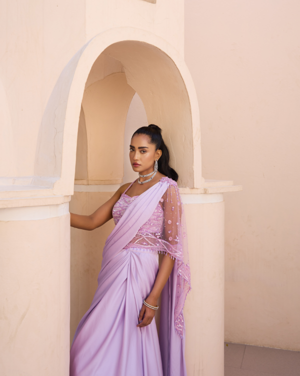 Lavender Crape Satin Drape Saree Set with Hand Embroidered Blouse & Palla