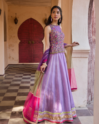 Lavender Crush Shimmer Set with Hand Embroidered top & Net Dupatta