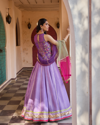 Lavender Crush Shimmer Set with Hand Embroidered top & Net Dupatta