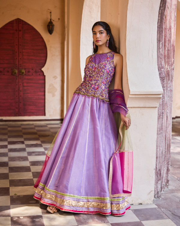 Lavender Crush Shimmer Set with Hand Embroidered top & Net Dupatta