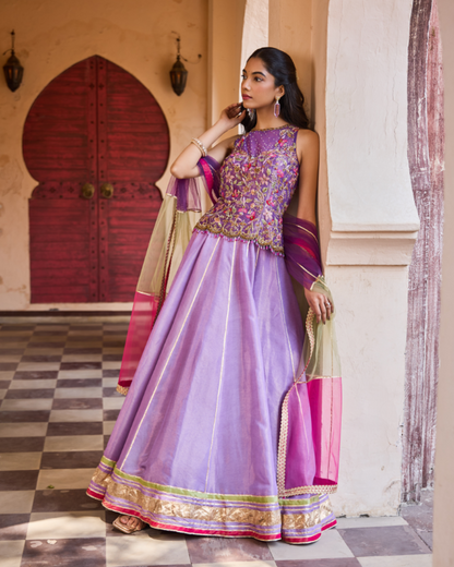 Lavender Crush Shimmer Set with Hand Embroidered top & Net Dupatta