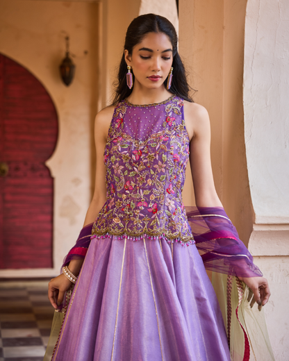 Lavender Crush Shimmer Set with Hand Embroidered top & Net Dupatta
