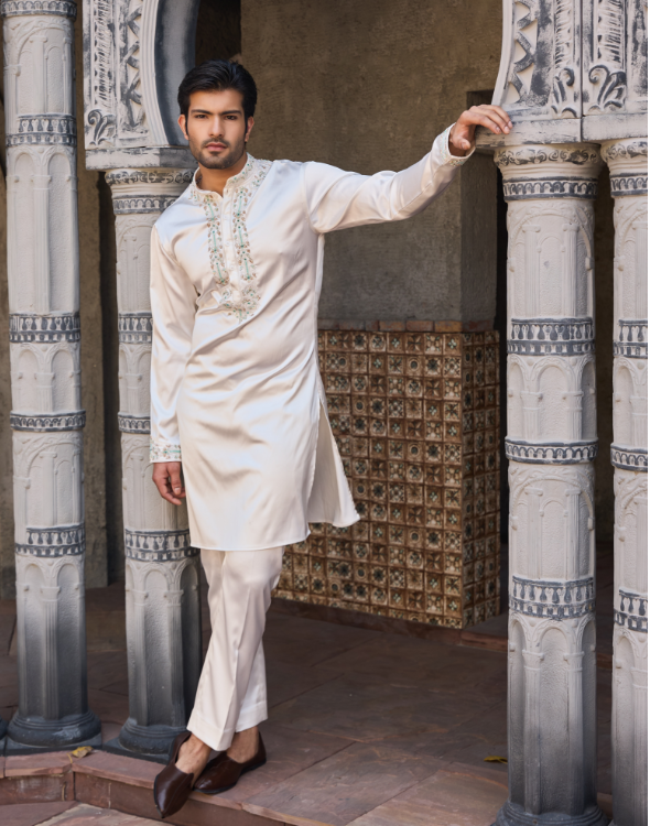 White Satin Kurta Set with Hand Embroidered Collar, Placket & Shoulders