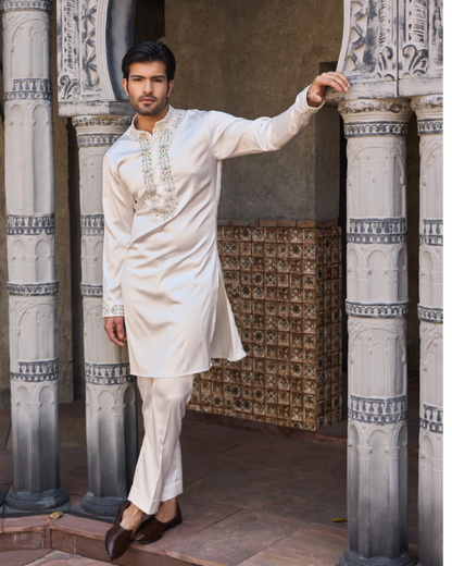 White Satin Kurta Set with Hand Embroidered Collar, Placket & Shoulders