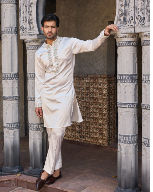 White Satin Kurta Set with Hand Embroidered Collar, Placket & Shoulders