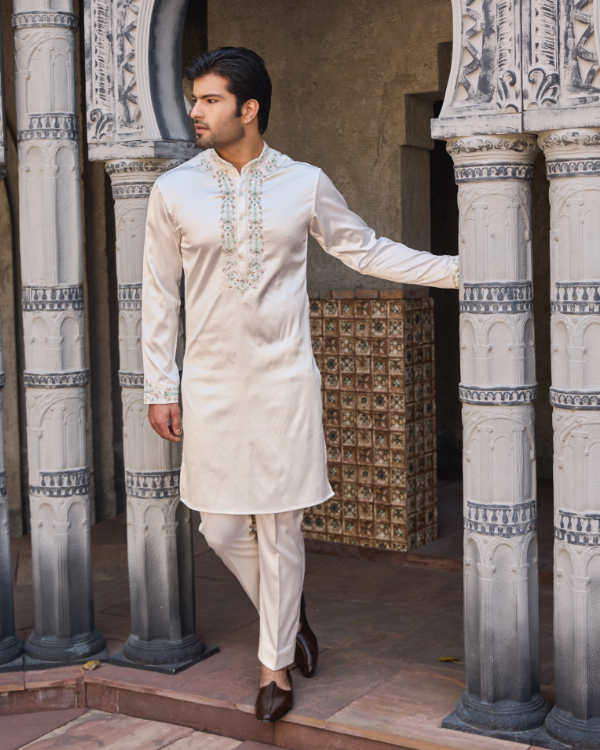 White Satin Kurta Set with Hand Embroidered Collar, Placket & Shoulders