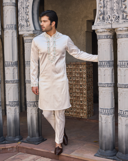 White Satin Kurta Set with Hand Embroidered Collar, Placket & Shoulders