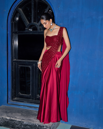 Wine Crape Satin Drape Saree Set with Hand Embroidered Blouse & Palla