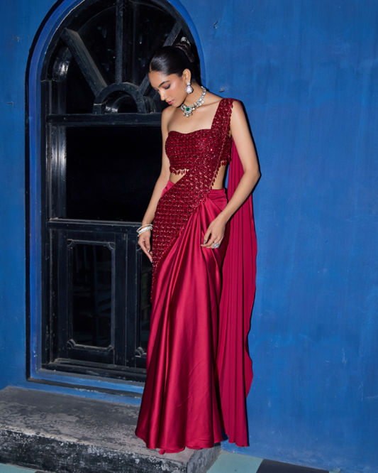 Wine Crape Satin Drape Saree Set with Hand Embroidered Blouse & Palla
