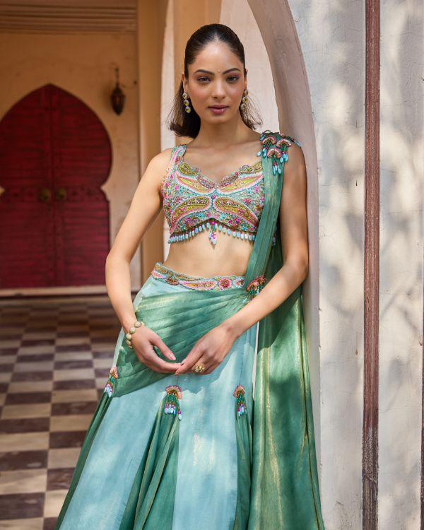Mint Green Tissue Shimmer Lehenga Set with Hand Embroidered Blouse &amp; Sari Drape Palla